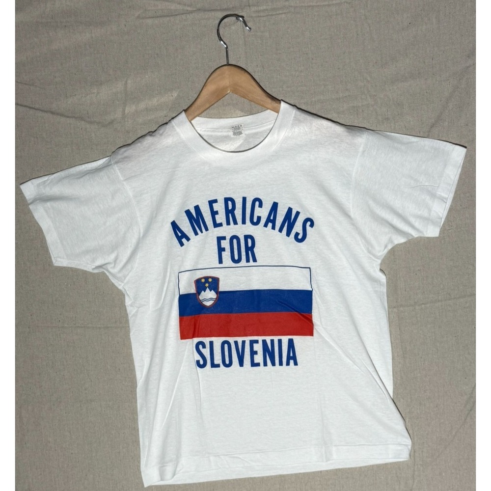 Vintage 90s Americans For Slovenia T-Shirt Mens L Flag Screen Stars 50/50 USA